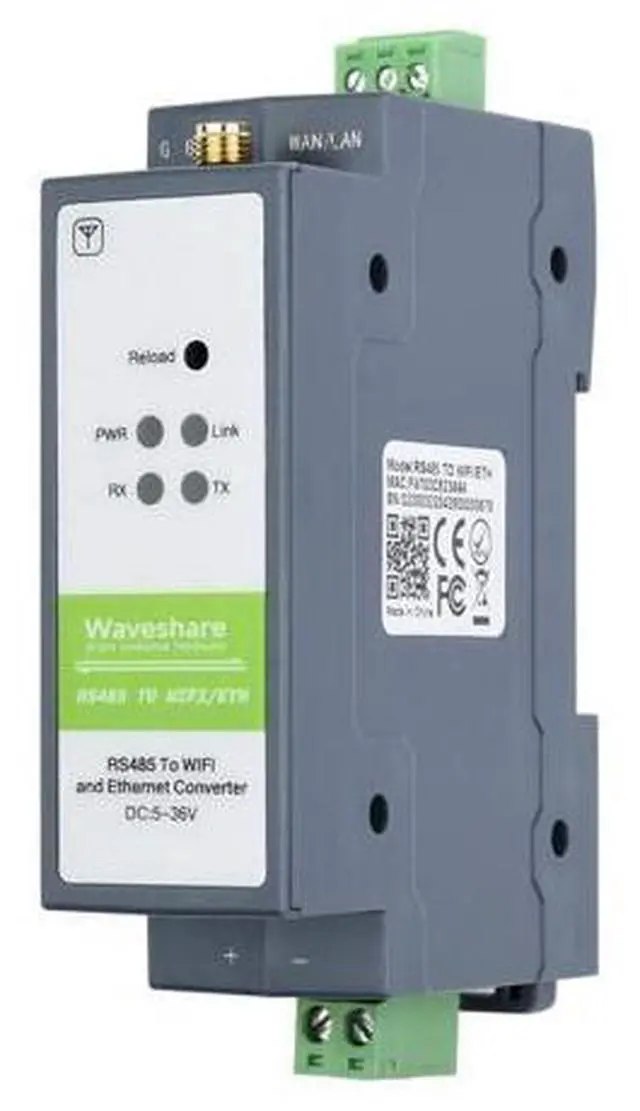 Main image of Waveshare RS485 to WiFi/Ethernet Module Rail-Mount Serial Server Modbus MQTT Gateway