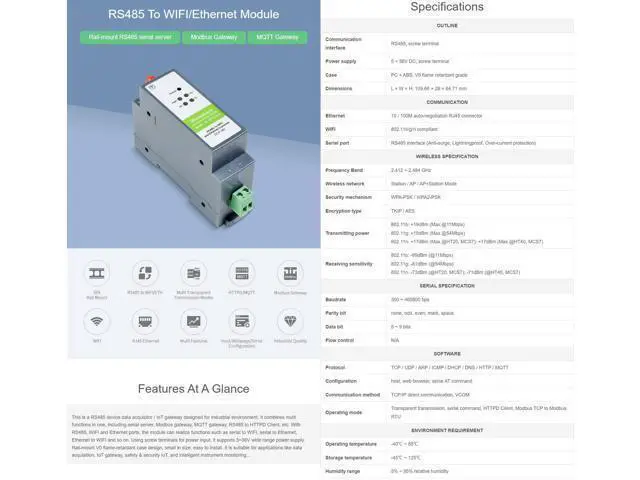 Alt view image 3 of 5 - Waveshare RS485 to WiFi/Ethernet Module Rail-Mount Serial Server Modbus MQTT Gateway