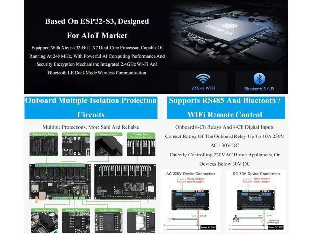 Alt view image 4 of 5 - Industrial 8-Channel ESP32-S3 WiFi Relay Module,Built-in Xtensa 32-bit LX7 Dual-core Processor, Onboard Isolated RS485 Interface+ Network Port + 8-CH Digital Inputs + 8-CH Relays, Supports WiFi/BT