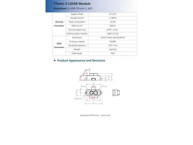 Alt view image 4 of 5 - Benewake TFmini-S LiDAR Module - High Accuracy ToF Laser Radar Distance Sensor (0.1-12m), 1000Hz Frame Rate, UART/I2C/IO for Raspberry Pi, Robotics, Industrial Automation