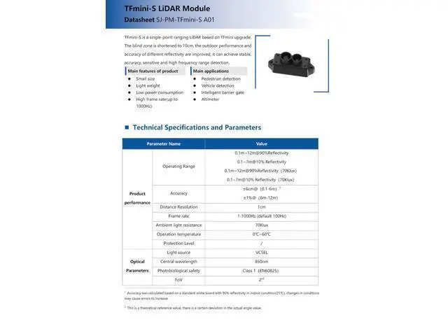 Alt view image 3 of 5 - Benewake TFmini-S LiDAR Module - High Accuracy ToF Laser Radar Distance Sensor (0.1-12m), 1000Hz Frame Rate, UART/I2C/IO for Raspberry Pi, Robotics, Industrial Automation
