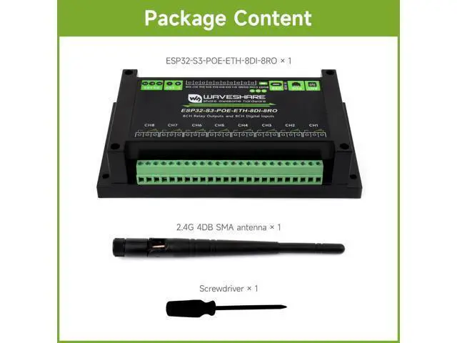 Alt view image 2 of 5 - Waveshare Industrial 8-Channel ESP32-S3 WiFi Relay Module, Isolated RS485 Interface, Xtensa 32-bit LX7 Dual-core Processor, 240MHz, Multiple Isolation Protection Circuits, PoE Ethernet Port
