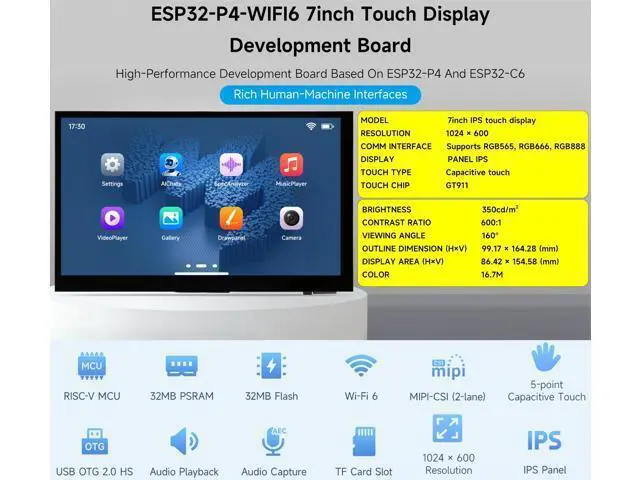 Alt view image 2 of 5 - ESP32-P4-WIFI6 7inch Touch Display Development Board, Based On ESP32-P4 and ESP32-C6, 7" IPS 5-Point Touch Screen, AI Speech Interaction & Wi-Fi 6/BT5, with RS485/CAN/I2C/UART Headers, OV5647 Camera