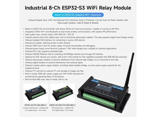 Alt view image 3 of 5 - Waveshare Industrial 8-Channel ESP32-S3 WiFi Relay Module, Isolated CAN Interface, Xtensa 32-bit LX7 Dual-core Processor, 240MHz, Multiple Isolation Protection Circuits, PoE Ethernet Port