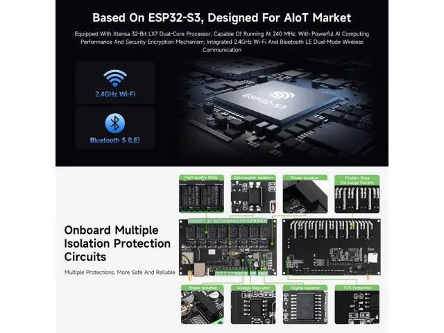 Alt view image 5 of 5 - Waveshare Industrial 8-Channel ESP32-S3 WiFi Relay Module, Isolated CAN Interface, Xtensa 32-bit LX7 Dual-core Processor, 240MHz, Multiple Isolation Protection Circuits, PoE Ethernet Port