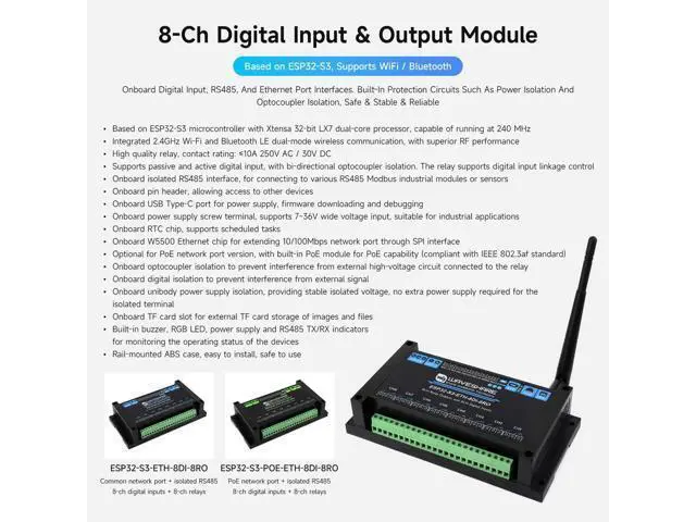 Alt view image 3 of 5 - Waveshare Industrial 8-Channel ESP32-S3 WiFi Relay Module, Onboard Isolated RS485 Interface, Built-in Xtensa 32-bit LX7 Dual-core Processor, Up to 240MHz, with Multiple Isolation Protection Circuits