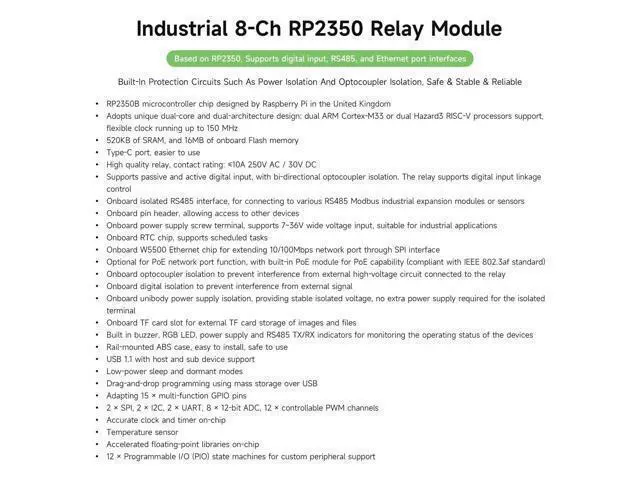 Alt view image 3 of 5 - Waveshare Industrial 8-Channel RP2350 Relay Module, Based on RP2350 Dual-core & Dual-Architecture Microcontroller, Supports Digital Input, RS485, Ethernet and Multiple Isolation Protection