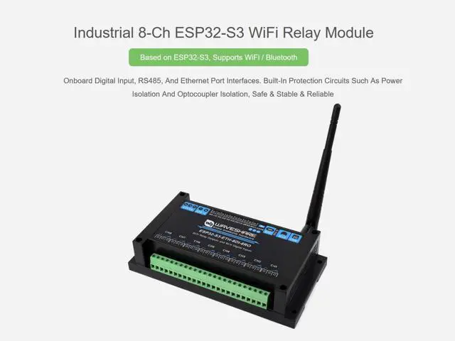 Alt view image 2 of 5 - Industrial 8-Ch ESP32-S3 WiFi Relay Module, Onboard RS485, Digital Input, Relay, Ethernet Port and Multiple Isolation Protection Circuits, Supports RS485 and Bluetooth/WiFi Remote Control