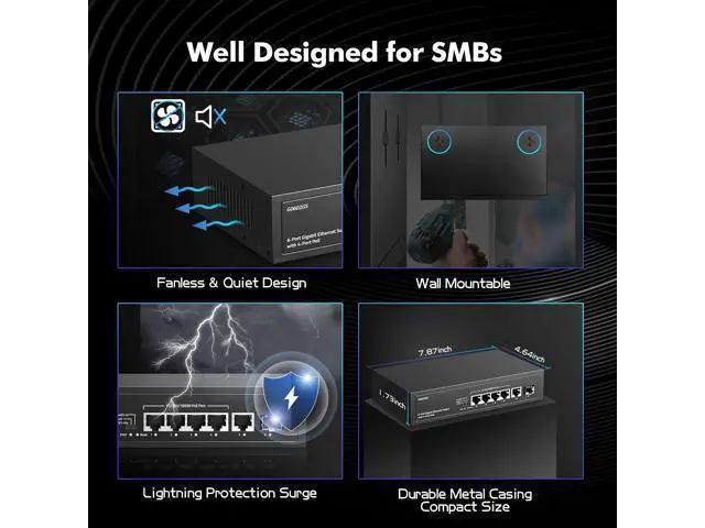 Alt view image 5 of 7 - YuLinca 6 Port Gigabit PoE Switch, 4 PoE 1 Uplink 1 SFP, 100/1000Mbps, IEEE802.3af/at, Max 65W, Port-Based VLAN, 250m PoE Extend, Fanless Unmanaged Ethernet Switch