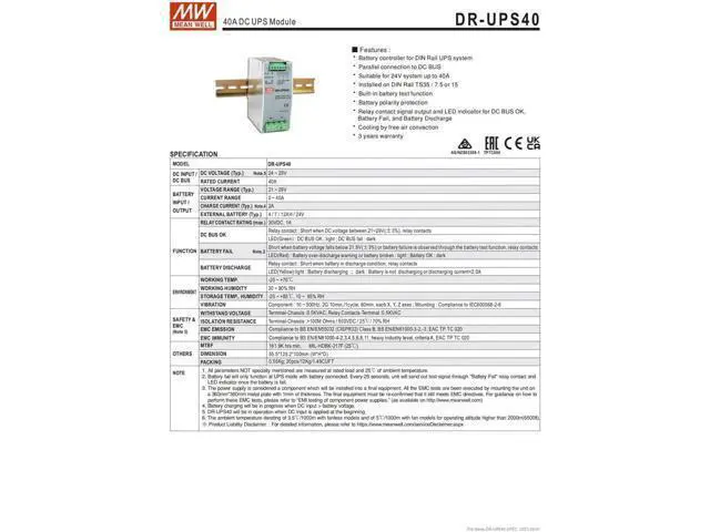 Alt view image 3 of 4 - MW MEAN WELL Plastic Case DR-UPS40 21-29V 40A Supplementary DC UPS DC UPS Module DC-DC Single Output Power Supply (DR-UPS40)