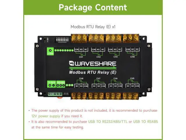 Alt view image 2 of 5 - Waveshare Industrial Modbus RTU 8-ch Relay Module (E) with RS485, 30A High Current, Multi Isolation Protection, Optocoupler Isolation, Flyback Diode Protection, Rail-Mounted Case.