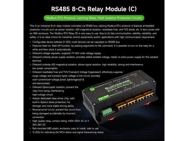 Alt view image 3 of 5 - Waveshare Industrial Modbus RTU 8-ch Relay Module (E) with RS485, 30A High Current, Multi Isolation Protection, Optocoupler Isolation, Flyback Diode Protection, Rail-Mounted Case.