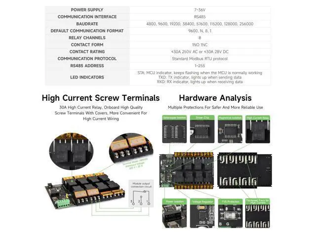 Alt view image 4 of 5 - Waveshare Industrial Modbus RTU 8-ch Relay Module (E) with RS485, 30A High Current, Multi Isolation Protection, Optocoupler Isolation, Flyback Diode Protection, Rail-Mounted Case.