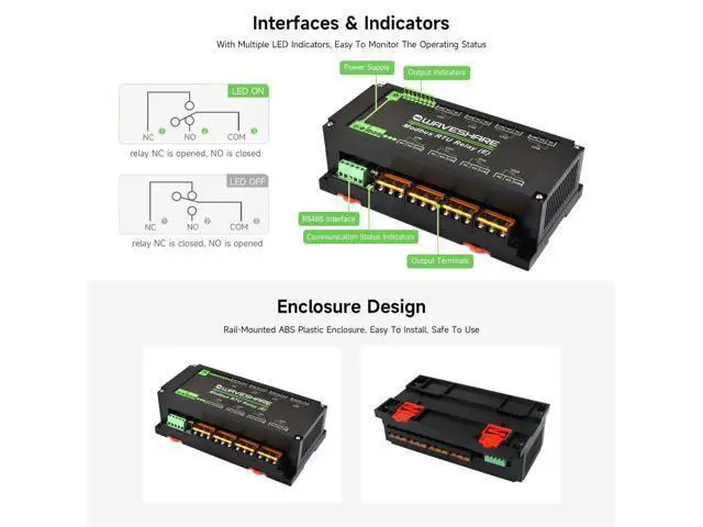 Alt view image 5 of 5 - Waveshare Industrial Modbus RTU 8-ch Relay Module (E) with RS485, 30A High Current, Multi Isolation Protection, Optocoupler Isolation, Flyback Diode Protection, Rail-Mounted Case.