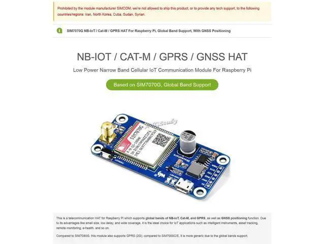Alt view image 2 of 5 - NB-IoT Cat-M GPRS GNSS 2G HAT Based on SIM7070G for Raspberry Pi 4 3 Zero WH Support Global Band with GNSS Positioning Low Power Narrow Band Cellular Wireless Communication LTE GPRS Module @XYGStudy