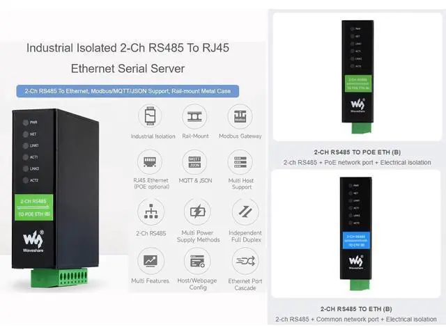 Alt view image 2 of 7 - waveshare 2-CH RS485 to RJ45 Ethernet Serial Server with PoE Function, IEEE 802.3af Compliant, Rail-Mount Industrial Isolated Serial Module, Bi-Directional Transparent Transmission