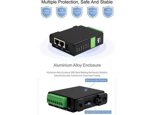 Alt view image 4 of 7 - waveshare 2-CH RS485 to RJ45 Ethernet Serial Server with PoE Function, IEEE 802.3af Compliant, Rail-Mount Industrial Isolated Serial Module, Bi-Directional Transparent Transmission