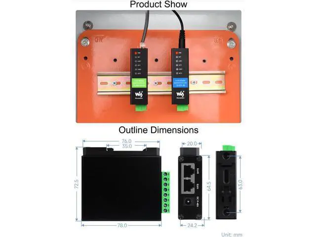 Alt view image 7 of 7 - waveshare 2-CH RS485 to RJ45 Ethernet Serial Server with PoE Function, IEEE 802.3af Compliant, Rail-Mount Industrial Isolated Serial Module, Bi-Directional Transparent Transmission