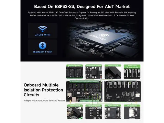 Alt view image 5 of 5 - Waveshare Industrial 8-Channel ESP32-S3 WiFi Relay Module, Isolated RS485 Interface, Xtensa 32-bit LX7 Dual-core Processor, 240MHz, Multiple Isolation Protection Circuits, PoE Ethernet Port