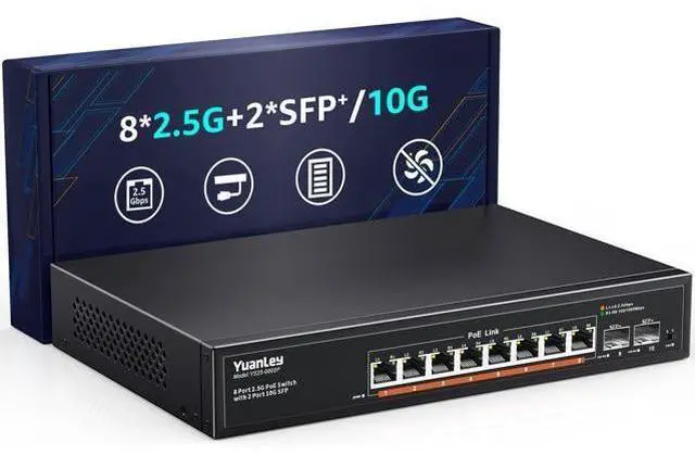 Main image of YuanLey 10 Port 2.5G PoE Switch Unmanaged, 8 x 2.5G Base-T PoE Ports, 2 x 10G SFP, IEEE802.3af/at, 120W, Compatible with 100/1000/2500Mbps, Metal Fanless, VLAN, Rack Mount 2.5Gbe Network Switch