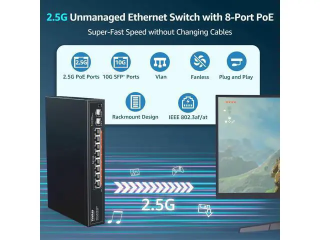 Alt view image 2 of 7 - YuanLey 10 Port 2.5G PoE Switch Unmanaged, 8 x 2.5G Base-T PoE Ports, 2 x 10G SFP, IEEE802.3af/at, 120W, Compatible with 100/1000/2500Mbps, Metal Fanless, VLAN, Rack Mount 2.5Gbe Network Switch