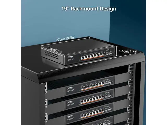 Alt view image 5 of 7 - YuanLey 10 Port 2.5G PoE Switch Unmanaged, 8 x 2.5G Base-T PoE Ports, 2 x 10G SFP, IEEE802.3af/at, 120W, Compatible with 100/1000/2500Mbps, Metal Fanless, VLAN, Rack Mount 2.5Gbe Network Switch