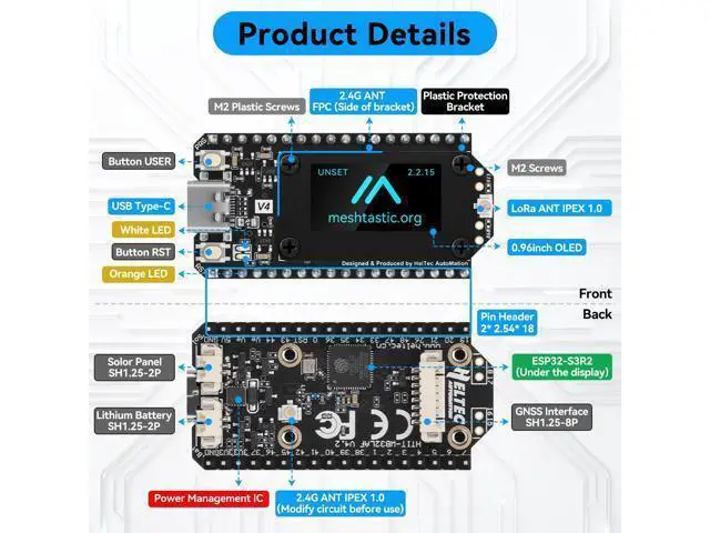 Alt view image 3 of 5 - YELUFT 2 Pack Pre-soldered ESP32 LoRa V4 Development Board Integrated ESP32-S3, 27dBm High Power SX1262 Chip, 0.96" OLED Display, Supports Triple Data Transmission Methods for Meshtastic