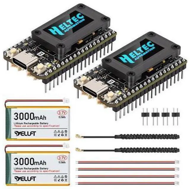 Main image of YELUFT 2 Pack Pre-Soldered ESP32 LoRa V4 Development Board with 3000mAh Battery Set, Integrated WiFi Bluetooth SX1262 915MHz LoRa, 0.96-inch OLED Display, Type-C Interface for Meshtastic