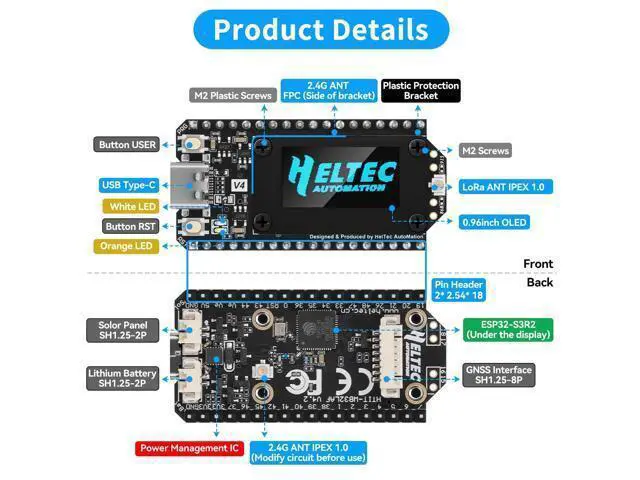 Alt view image 4 of 5 - YELUFT 2 Pack Pre-Soldered ESP32 LoRa V4 Development Board with 3000mAh Battery Set, Integrated WiFi Bluetooth SX1262 915MHz LoRa, 0.96-inch OLED Display, Type-C Interface for Meshtastic