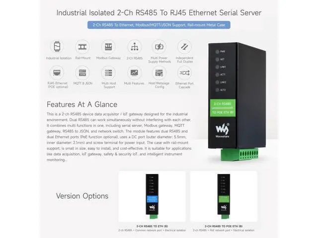 Alt view image 3 of 5 - Waveshare 2-Ch RS485 to RJ45 Ethernet Serial Server, Dual Channels RS485 Independent Operation, Rail-Mount Industrial Isolated Serial Module, PoE Ethernet Port