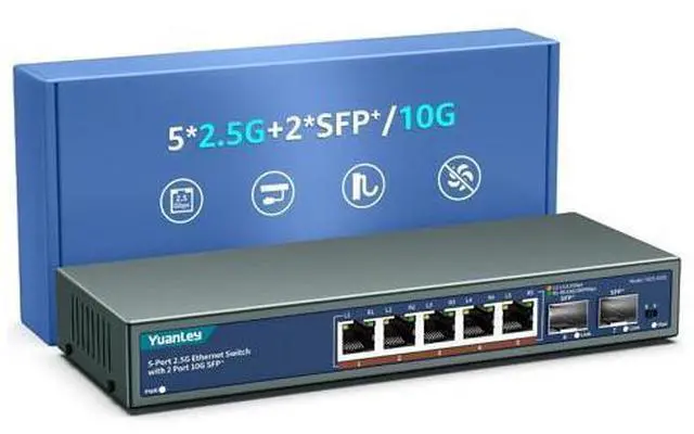 Main image of 7 Port 2.5G Unmanaged Ethernet Switch, 5 x 2.5G Base-T Ports, 2 x 10G SFP, Compatible with 100/1000/2500Mbps, VLAN, Fanless, Desktop/Wall Mount YuanLey 2.5Gbe Network Switch for Wireless AP, NAS, PC