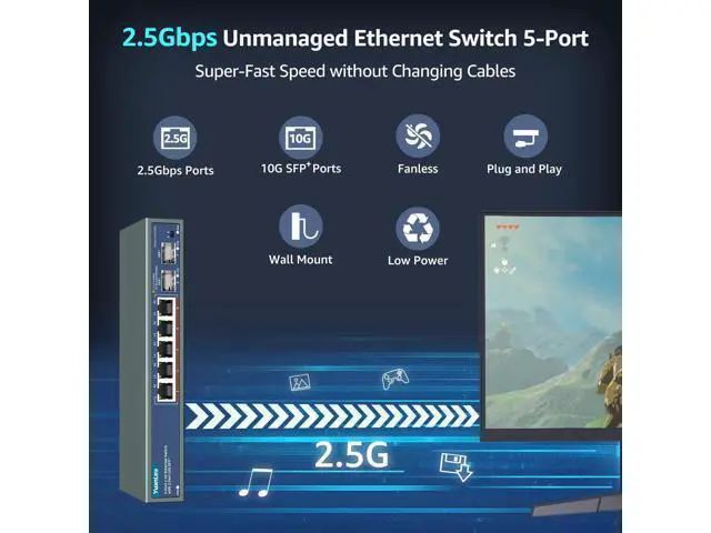 Alt view image 2 of 5 - 7 Port 2.5G Unmanaged Ethernet Switch, 5 x 2.5G Base-T Ports, 2 x 10G SFP, Compatible with 100/1000/2500Mbps, VLAN, Fanless, Desktop/Wall Mount YuanLey 2.5Gbe Network Switch for Wireless AP, NAS, PC