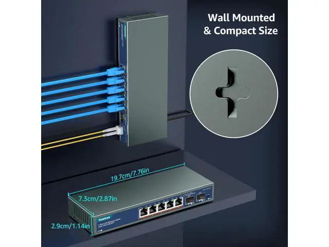 Alt view image 5 of 5 - 7 Port 2.5G Unmanaged Ethernet Switch, 5 x 2.5G Base-T Ports, 2 x 10G SFP, Compatible with 100/1000/2500Mbps, VLAN, Fanless, Desktop/Wall Mount YuanLey 2.5Gbe Network Switch for Wireless AP, NAS, PC