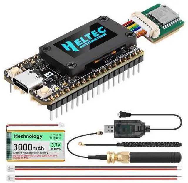 Main image of Meshnology ESP32 LoRa V4 Development Board + L76 GNSS Module + 3000mAh Battery, Upgraded ESP32-S3 SX1262 LoRa WiFi Bluetooth 2MB PSRAM 16MB Flash 915MHz Antenna OLED Support GPS Solar Meshtastic IoT