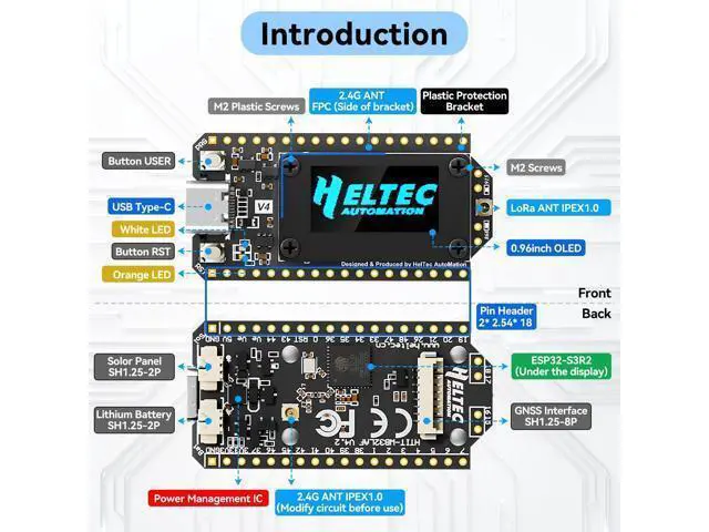 Alt view image 3 of 5 - Meshnology ESP32 LoRa V4 Development Board + L76 GNSS Module + 3000mAh Battery, Upgraded ESP32-S3 SX1262 LoRa WiFi Bluetooth 2MB PSRAM 16MB Flash 915MHz Antenna OLED Support GPS Solar Meshtastic IoT
