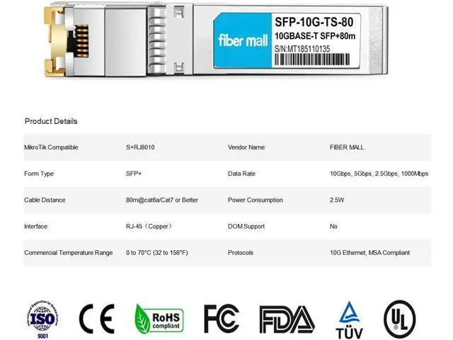 Alt view image 2 of 5 - 10G SFP+ RJ45 80m for Compatible MikroTik S+RJ8010 10GBASE-T SFP+ RJ45 80m Cat6a/7 Mini-GBIC 10gb Copper R-J45 Transceiver Module