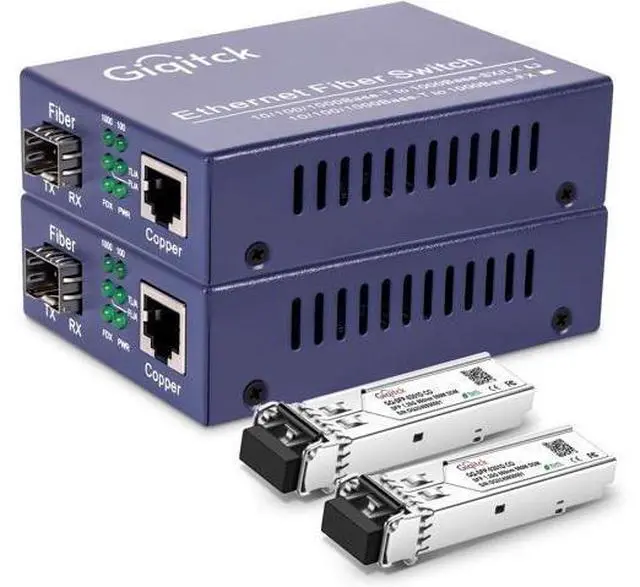 Main image of A Pair Gigabit Ethernet Media Converter, 10/100/1000Mbps Networks Ethernet to Fiber Media Converter, with 2pcs 1000Base-SX SFP Module (1.25Gb/s, Multimode, Dual LC, 850nm, 550m)