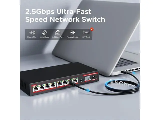 Alt view image 2 of 7 - 2.5G Switch 9 Ports with 1*10Gb switches , 8 Ports 2.5Gb and 1x10G SFP+ Slot, Vlan FunctionEthernet ,Network Switch, 60Gbps Capacity, Splitter| Plug & Play| Fanless Metal Design| Traffic