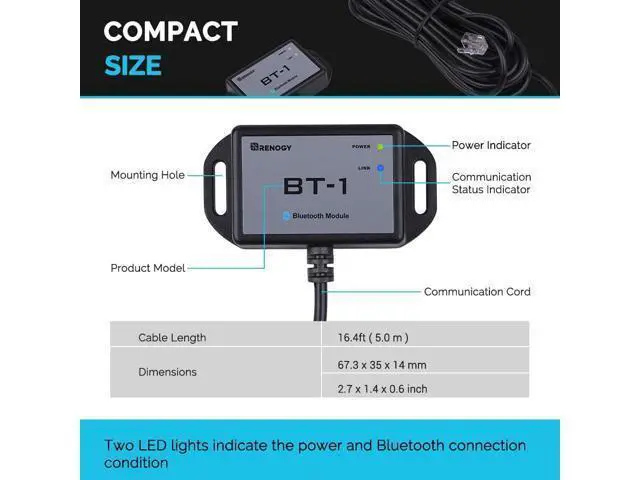 Alt view image 7 of 7 - Renogy Bluetooth Module RJ12 Communication Port Compatible Rover/Wanderer/Adventurer Charge Controllers, BT-1 RS232,Black