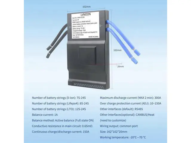 Alt view image 3 of 5 - LVNOON 1A Smart BMSJK Active Balance for Li-ion NCM LFP LiFePo4 LTO Battery Management System 7S 8S 10S 12S 15S 16S 20S 21S 24S 150A with APP Control 24V 48V 60V 72V 84V (7-24S, 150A)