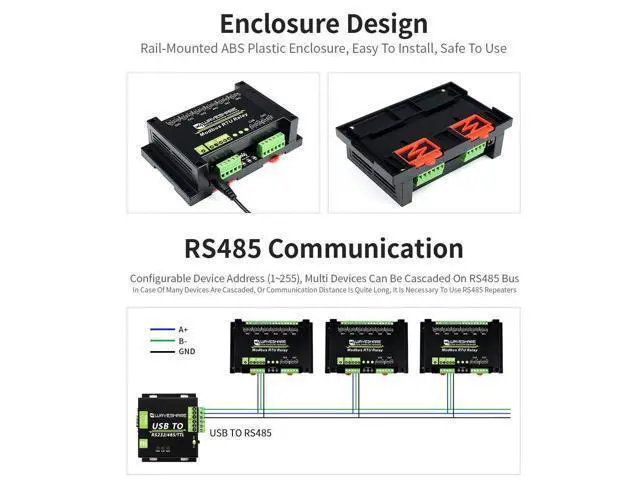 Alt view image 5 of 5 - Waveshare Industrial Modbus RTU 8-ch Relay Module with RS485 Interface Multi Isolation Protection Circuits Comes with an ABS Enclosure