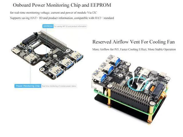 Alt view image 4 of 5 - PCIe to M.2 4G/5G and USB 3.2 HAT+ for Raspberry Pi 5, PCIe to USB3.2/M.2 Adapter Board Compatible with Pi5 and 4G/5G Modules with M.2 Key B Interface, with 3X USB 3.2 Gen1 Ports, 5G-4IN1-PCB Antenna