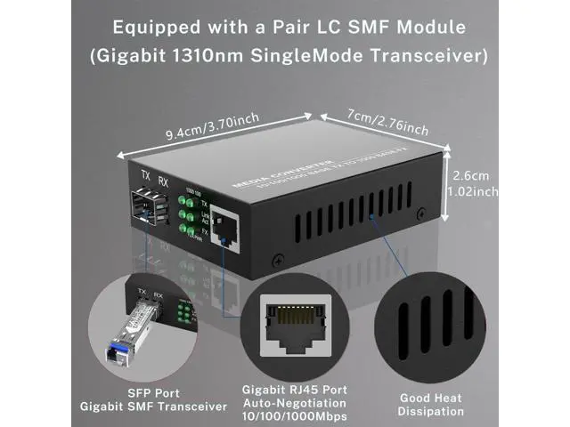 Alt view image 5 of 7 - A Pair of 1.25G/s Bidi Gigabit Single-Mode Fiber Ethernet Media Converter with 2PCS Bidi SFP LC Transceiver Module Included, 10/100/1000Base-Tx to 1000Base-SX SMF RJ45 to SFP Slot up to 30KM