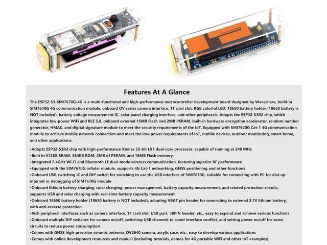 Alt view image 4 of 5 - ESP32-S3 SIM7670G 4G Development Board, LTE Cat-1/WiFi/Bluetooth/GNSS Positioning, Global Coverage Multi Band, Onboard Camera/Antenna, Suitable for 4G Portable WiFi, Solar Panel or USB Charging