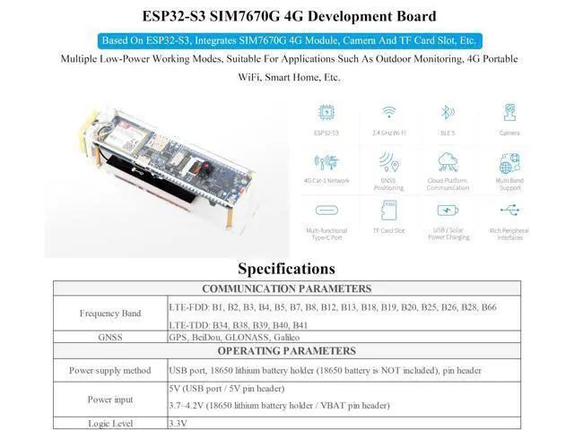 Alt view image 3 of 5 - ESP32-S3 SIM7670G 4G Development Board, LTE Cat-1/WiFi/Bluetooth/GNSS Positioning, Global Coverage Multi Band, Onboard Camera/Antenna, Suitable for 4G Portable WiFi, Solar Panel or USB Charging