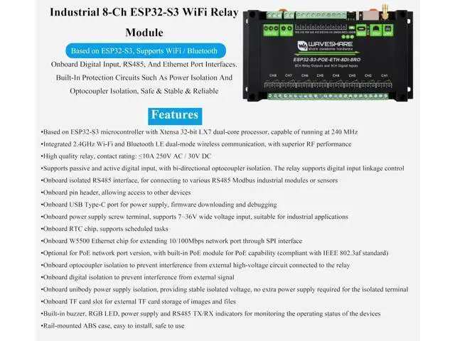 Alt view image 2 of 5 - Industrial 8-Channel ESP32-S3 WiFi Relay Module, Xtensa 32-bit LX7 Dual-Core Processor, Onboard Isolated RS485 Interface +8-CH Digital Inputs + 8-CH Relays +PoE Network Port, Supports WiFi/BT