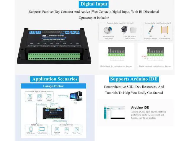Alt view image 5 of 5 - Industrial 8-Channel ESP32-S3 WiFi Relay Module, Xtensa 32-bit LX7 Dual-Core Processor, Onboard Isolated RS485 Interface +8-CH Digital Inputs + 8-CH Relays +PoE Network Port, Supports WiFi/BT