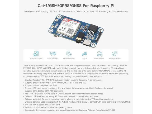 Alt view image 3 of 5 - Waveshare Cat-1/GSM/GPRS/GNSS HAT, Compatible with Raspberry Pi, Based On A7670E Module, LTE Cat-1 / 2G Support, GNSS Positioning