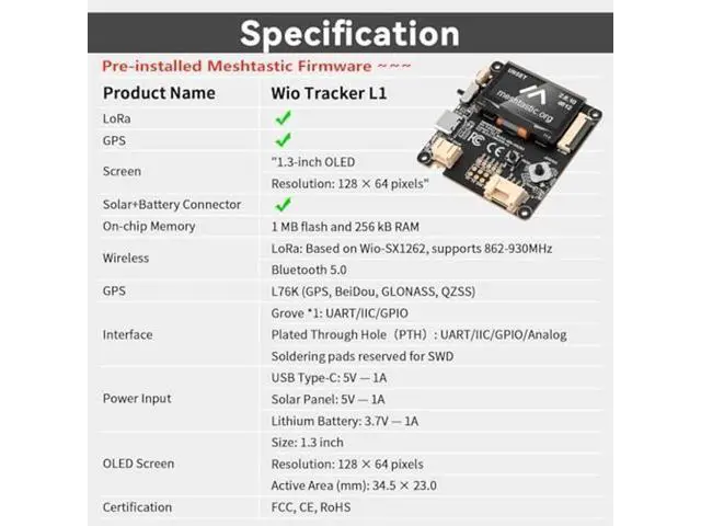 Alt view image 3 of 5 - Meshnology Wio Tracker L1 Board with 3000mah Battery SX1262 nRF52840 for Ar duino Meshtastic LoRa, Blue Tooth 5.0 GPS, 1.3" OLED, Support Battery Type-C and Solar Charge, Rich Interface (2 Pack)