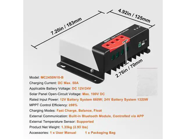 Alt view image 7 of 7 - 50A MPPT Solar Charge Controller, 12V / 24V Auto DC Input, Solar Panel Regulator Charger with Bluetooth Module, 98% Charging Efficiency for Sealed(AGM), Gel, Flooded and Lithium Battery Charging